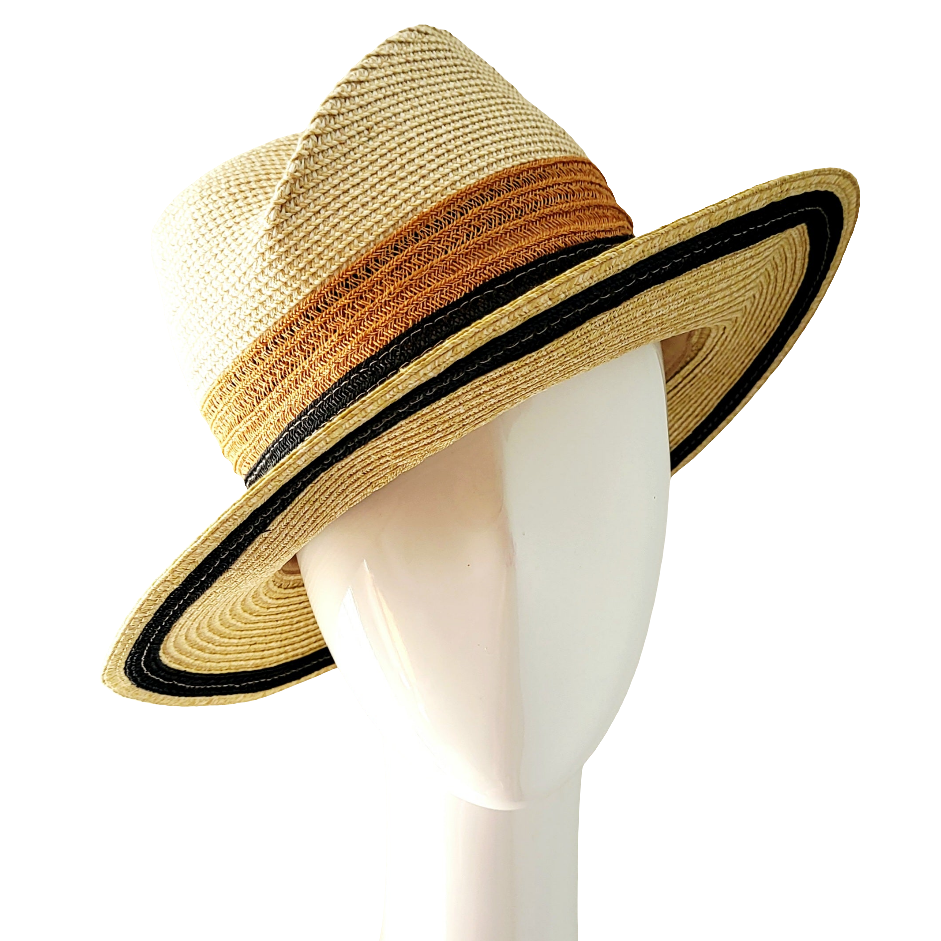 Straw hat with a black band on a mannequin head against a white background